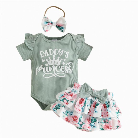 KPOPLK 3 Piece Set Infant Baby Girl Summer Clothes Romper Ribbed Button Front Bodysuit Skirt Bloomers Cotton Headband(12-18 Months,Green)