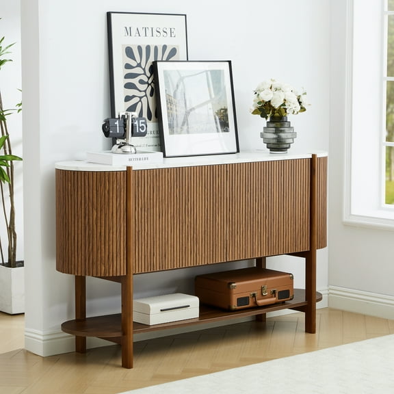 PHOYAL 54" Fluted Oval Console Table Sofa Table with 2 Doors and Marble Textured Tabletop, Modern Entryway Table Accent Table with Open Storage Shelves for Living Room Hallway Bedroom, Walnut