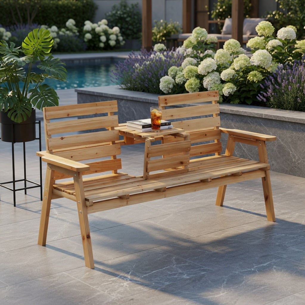 Hommoo Outdoor Folding Fir Wood Patio Bench with Built-in Center Table, Rustic Garden Seating for Backyard, Porch, or Deck, Natural