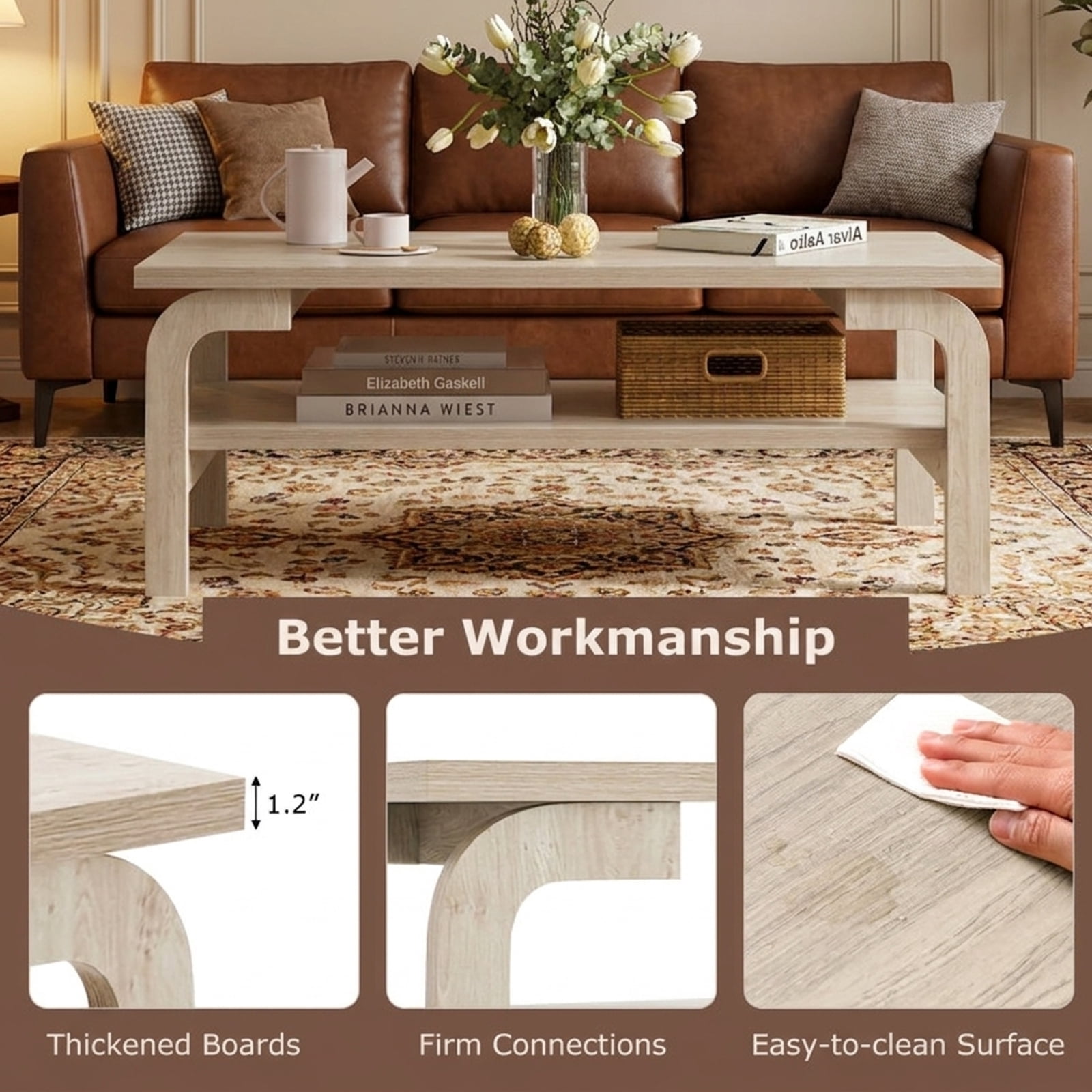 Furnibear 47 Inches Accent Rectangular Coffee Table for Living Room - Oak - Living Room Cocktail Center Table