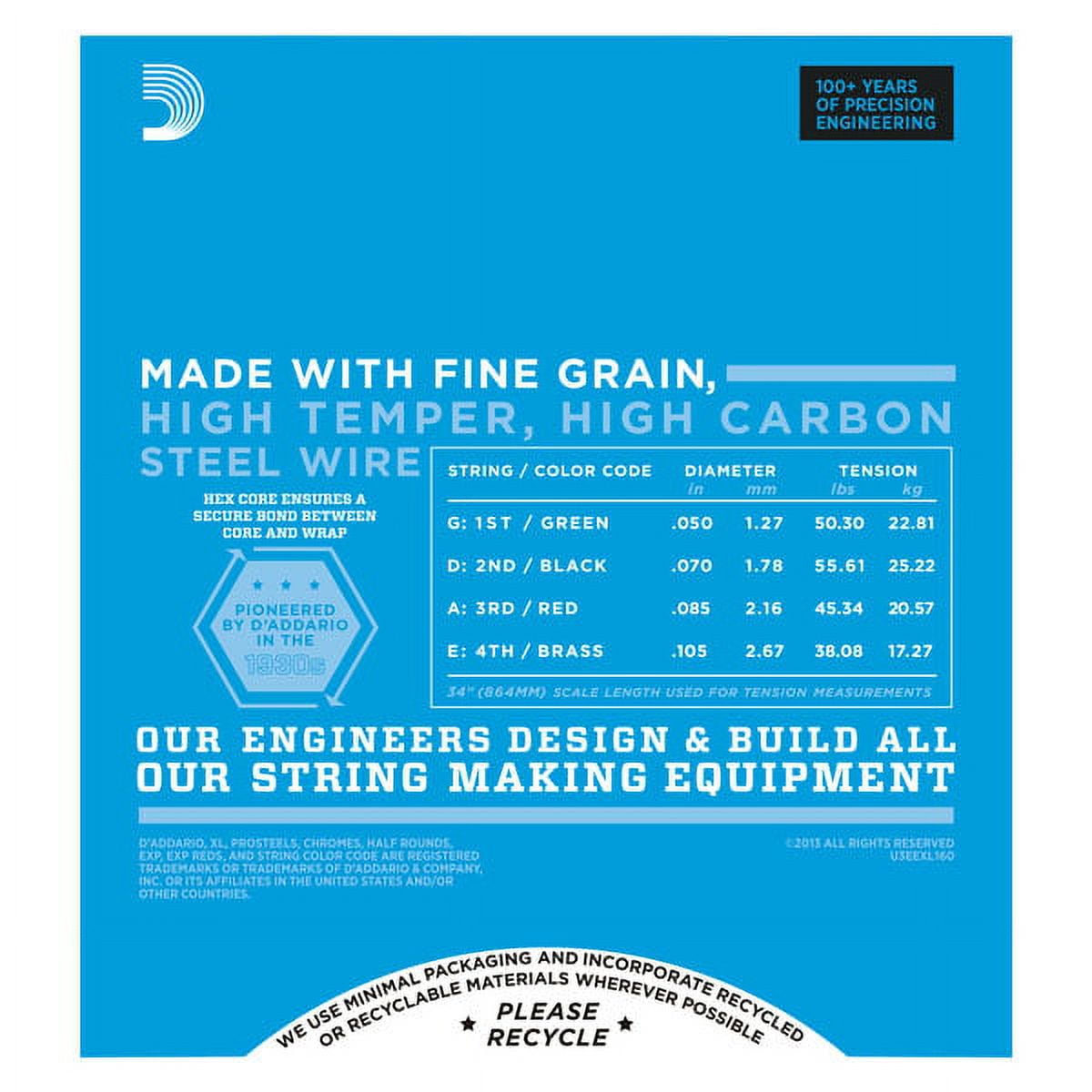 D'Addario EXL160 Nickel Wound Bass Guitar Strings, Medium, 50-105, Long Scale