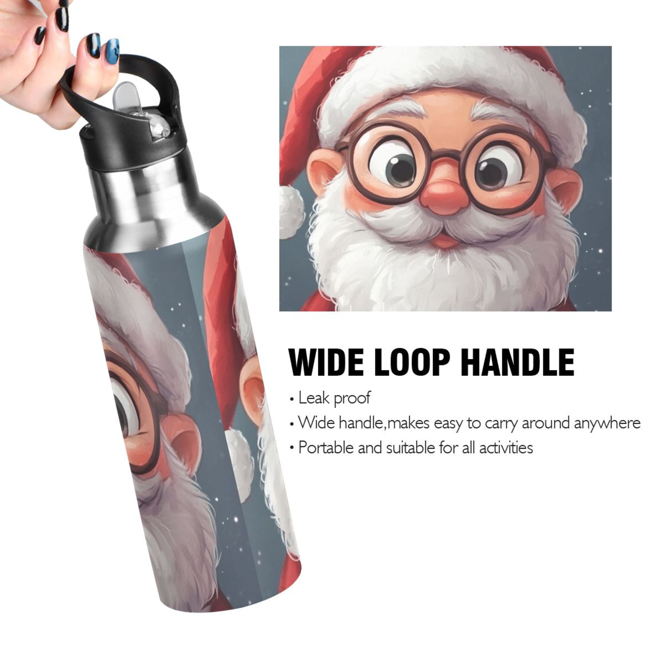 Cute Santa with Glasses Sports Bottle with Straw Stainless Steel Water Jug Portable Thermal Cup Leak-proof 1000ML