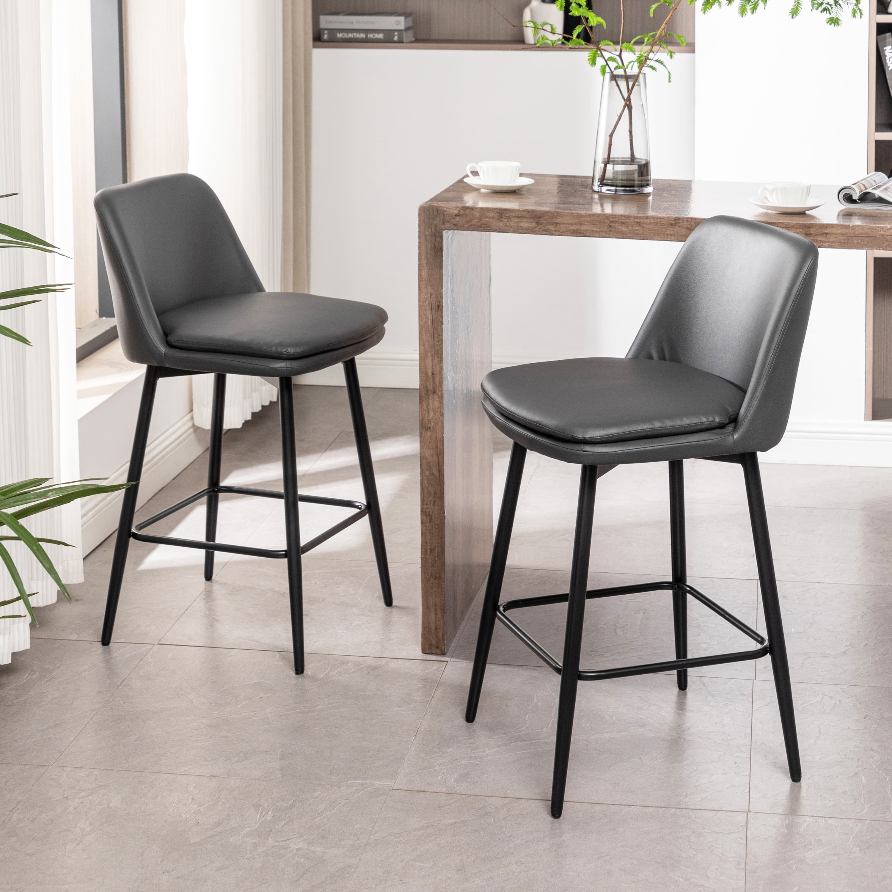 MAYEERTY Counter Height Swivel Bar Stools Set of 2 360° Swivel Upholstered 25.6 Seat Height Faux Leather Gray Kitchen Island Pub
