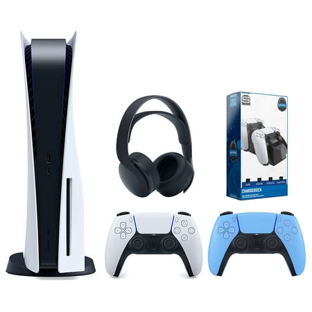 Sony Playstation 5 Disc Version Console with Extra Blue Controller, Black PULSE 3D Headset and Surge Dual Controller Charge Dock Bundle