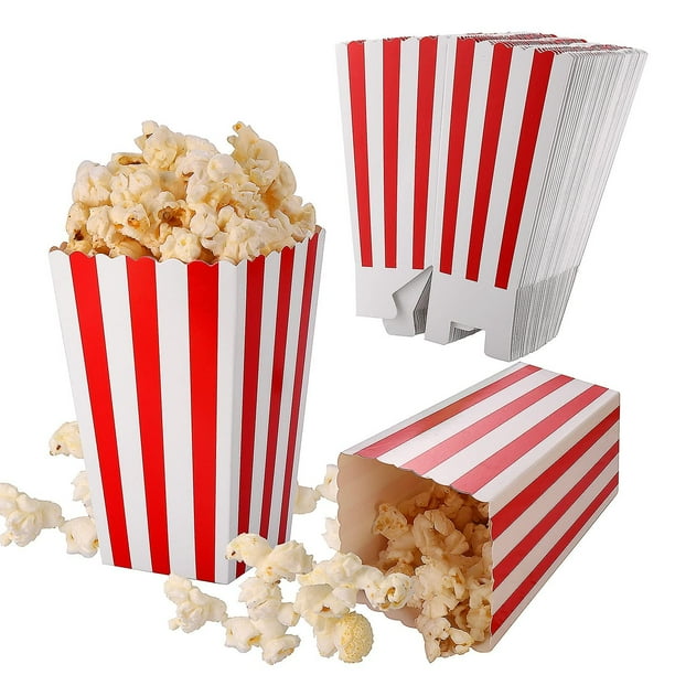 50 cajas de palomitas de maíz a rayas rojas y blancas, pequeños envases de papel para dulces, bolsas de palomitas de maíz retro para fiestas, cumpleaños, noche de cine Afortunado Sencillez
