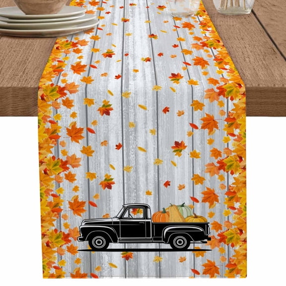 nqOlkjepod Thanksgiving Table Runner 48 Inches Long Farmhouse Dress Scarves, Fall Black Truck Orange Maple Leaves Wooden Dining Tablerunner for Coffee Table/Kitchen Island/Party Décor, 13" x 48"