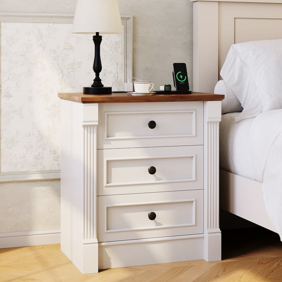 Farmhouse 3-Drawer Nightstand with Charging Station, Wood Bedside End Table for Bedroom Living Room