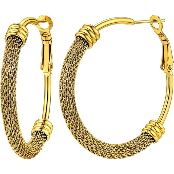 ChainsHouse Gold Plated Hoop Earring for Women Half Mesh Link Hypoallergenic Trendy Hoops, 40mm