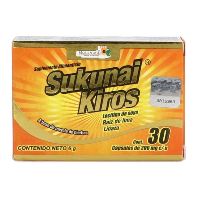 suplemento alimenticio sukunai kiros natura castle 200 mg 30 cápsulas caja frontal amarilla y naranja con nombre Sukunai Kiros en grande; etiqueta muestra lecitina de soya, raíz de lima y linaza, cont. 30 cápsulas de 200 mg y sello holográfico.