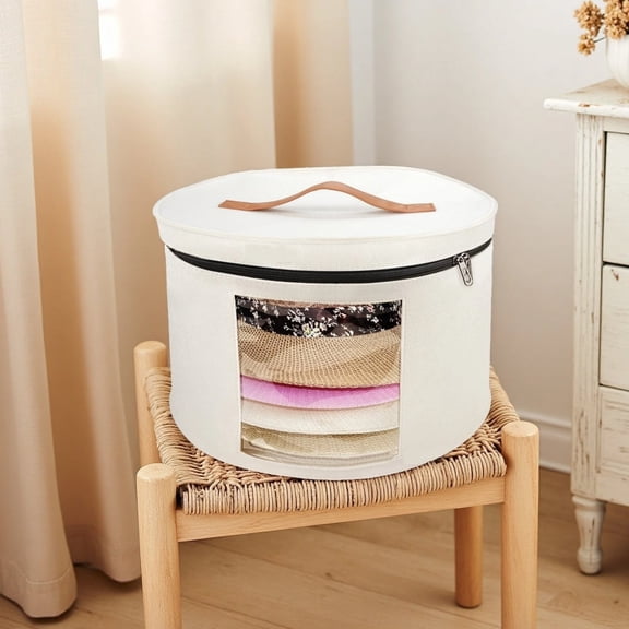 Felt Hat Storage Box, Round Baseball Cap Organizer with Handle & Transparent Window, Portable Zippered Space Saving Closet Storage