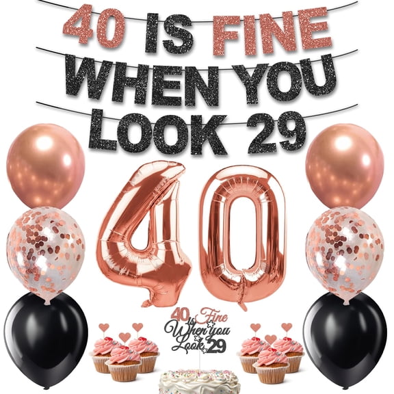40th Birthday Decorations for Women, Pre-Strung 40 Is Fine When You Look 29 Banner, Number 40 Balloons Cake & Cupcake Toppers Party Supplies Kit, 40 Year Old Birthday Party Decorations