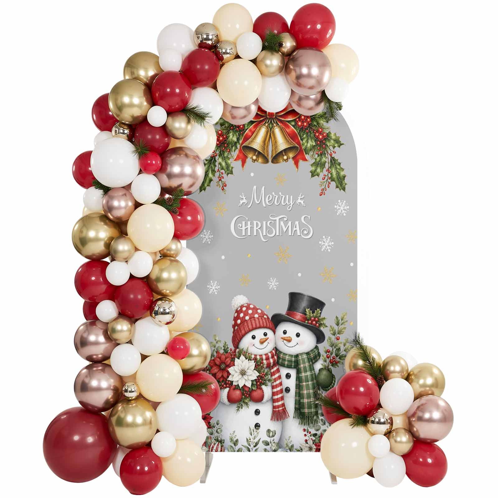 Merry Christmas Boho Arch Backdrop Cover 5 Ft Snowmen Couple Gifted Box Golden Bells Wreath Gray Spandex Fitted Stretchy Arch Cover, Round Top Chiara Backdrop Cover for Wedding Birthday