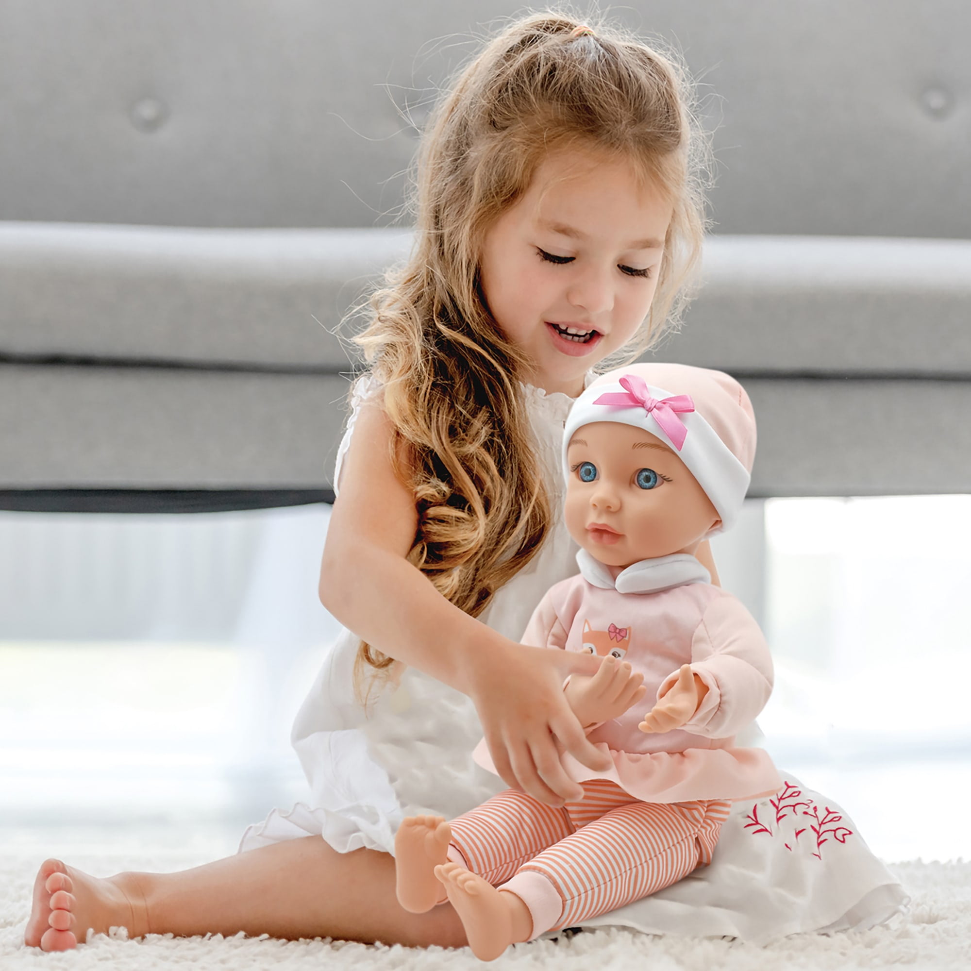 Little Darlings: Sweet Touch 14" Baby Doll - Fox-Pink-White - Soft Body, Makes Sounds, Sucks Thumb & Grabs Bottle, Interactive Toy, Kid-Toddler Age 2+