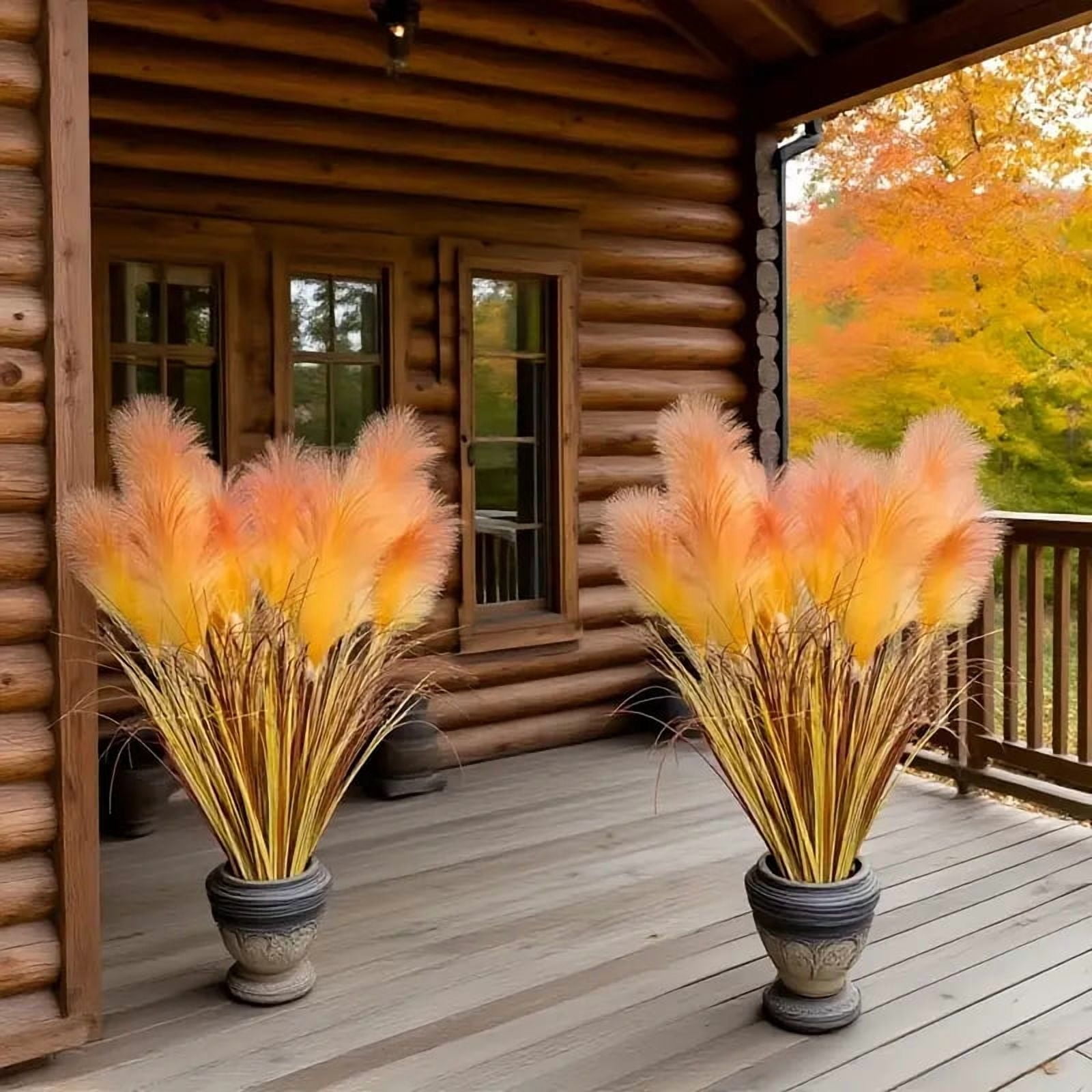 2 pieces artificial imitation reed flowers, autumn harvest large orange yellow reed flowers with onion grass, 31.50 inches high dry feathery stems, maintenance-fre,e indoor/outdoor decoration