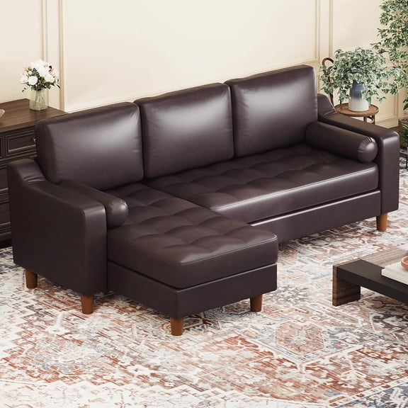 89" L-Shape Sofa with Convertible Chaise, Sectional Sofa with Deep Seat, Modern Mid-Century Sofa for Living Room, 3 Seat Comfy Leather Couch, Brown