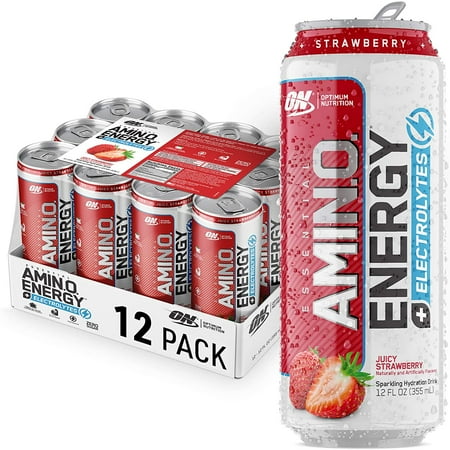 Optimum Nutrition Essential Amino Energy + Electrolytes Sparkling Hydration Drink   Juicy Strawberry  12 oz Can Expires 06/06/2024