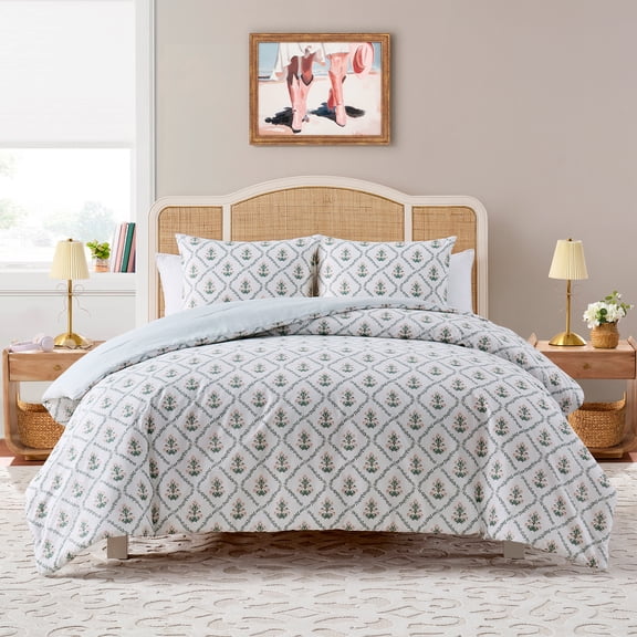My Texas House Poppy Trellis 3-Piece Green/Pink Comforter Set, Full/Queen