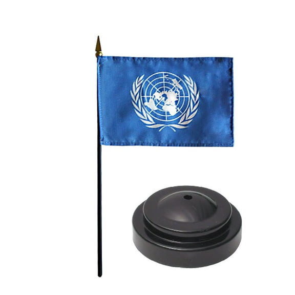 UN Desk Flag with Base; American Made Rayon 4x6 inch Miniature Table Set Includes One Small Mini Country Stick Flags and One Black Stand (UN Desk Flag and Base)