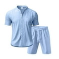thumbnail image 4 of RYDCOT Men's 2 Piece Linen Set Stand up Collar Button Down Short Sleeve Shirt and Shorts Summer Beach Outfit Light Blue, 4 of 6