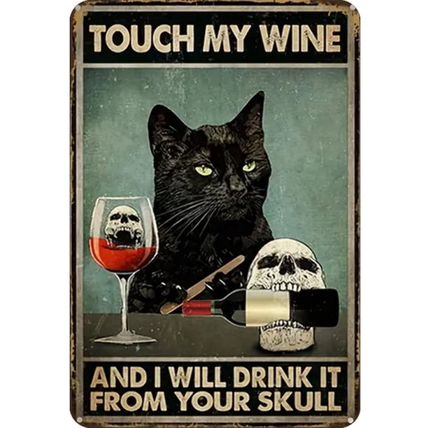 Placa Metal Vintage Gato Bebiendo Vino Pintura Hierro Rectangular 20x30cm