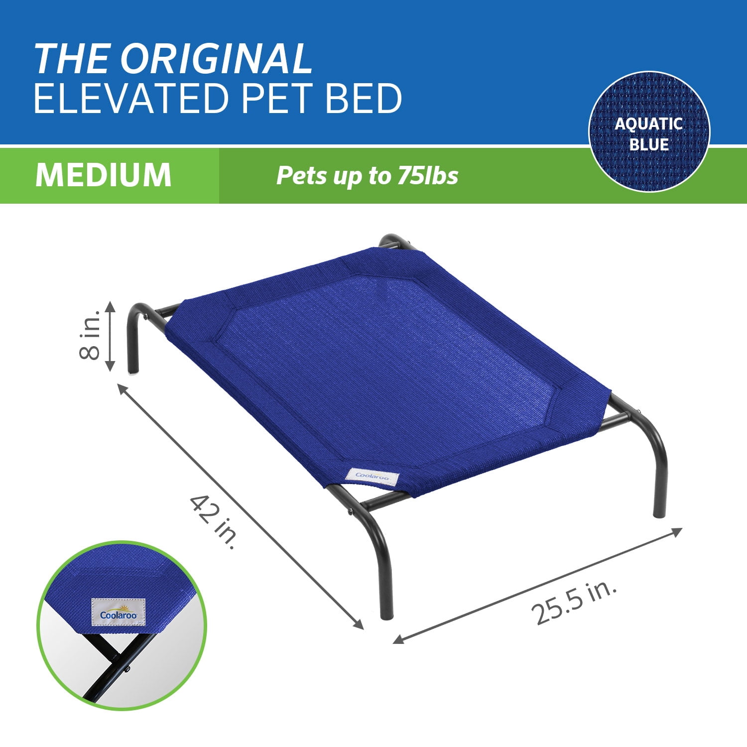 The Original Coolaroo Elevated Pet Dog Bed, Indoor & Outdoor Use, Durable, Cooling, Aquatic Blue, Medium, 42" L x 25.50" W x 8" H