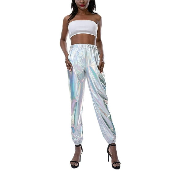 Womens Glitter Metallic Jogger Pants Holographic Sweatpants Beam Foot Harem Hip Hop Dance Trousers Club Streetwear