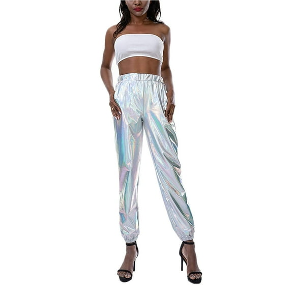 WIFORNT Women Shiny Metallic Jogger Pants, High Waist Stretchy Holographic Color Hip Hop Trousers