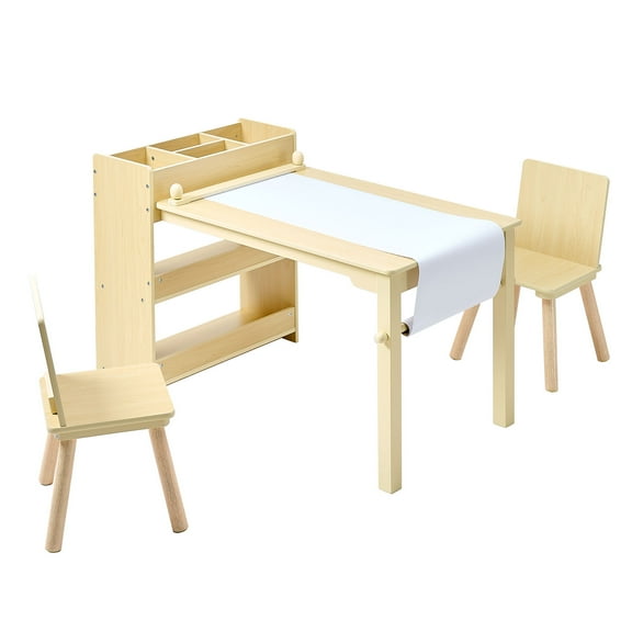 KFFKFF Kids Art Table and Chair Set with Storage, Wooden Toddler Activity Desk with 3-Tier Cabinet, Includes 2 Chairs, Ideal for Drawing, Writing, Reading, and Learning, Light Wood Finish