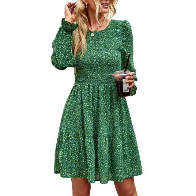 Vestido de mujer cuello redondo manga larga cintura media claro impreso patrón una línea falda verde L