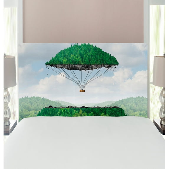 Fantasy Headboard, Detached Top of Mountain Floating up to Sky As a Hot Air Balloon Imaginative Art, Upholstered Decorative Metal Bed Headboard with Memory Foam, Twin Size, Green, by Ambesonne