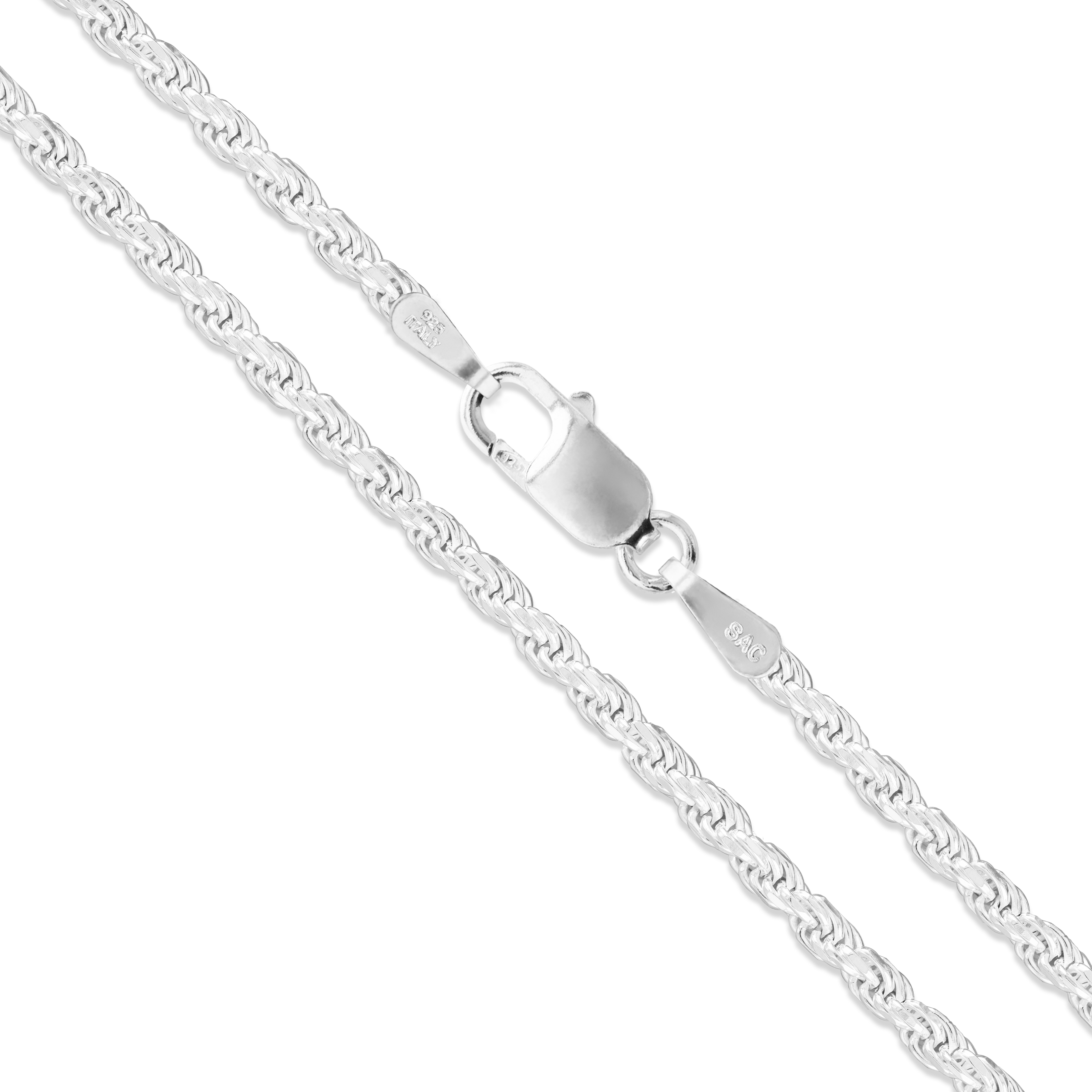帯電防止処理加工 Solid 925 Sterling Silver 1.7mm Diamond-cut Rope Chain Necklace 30