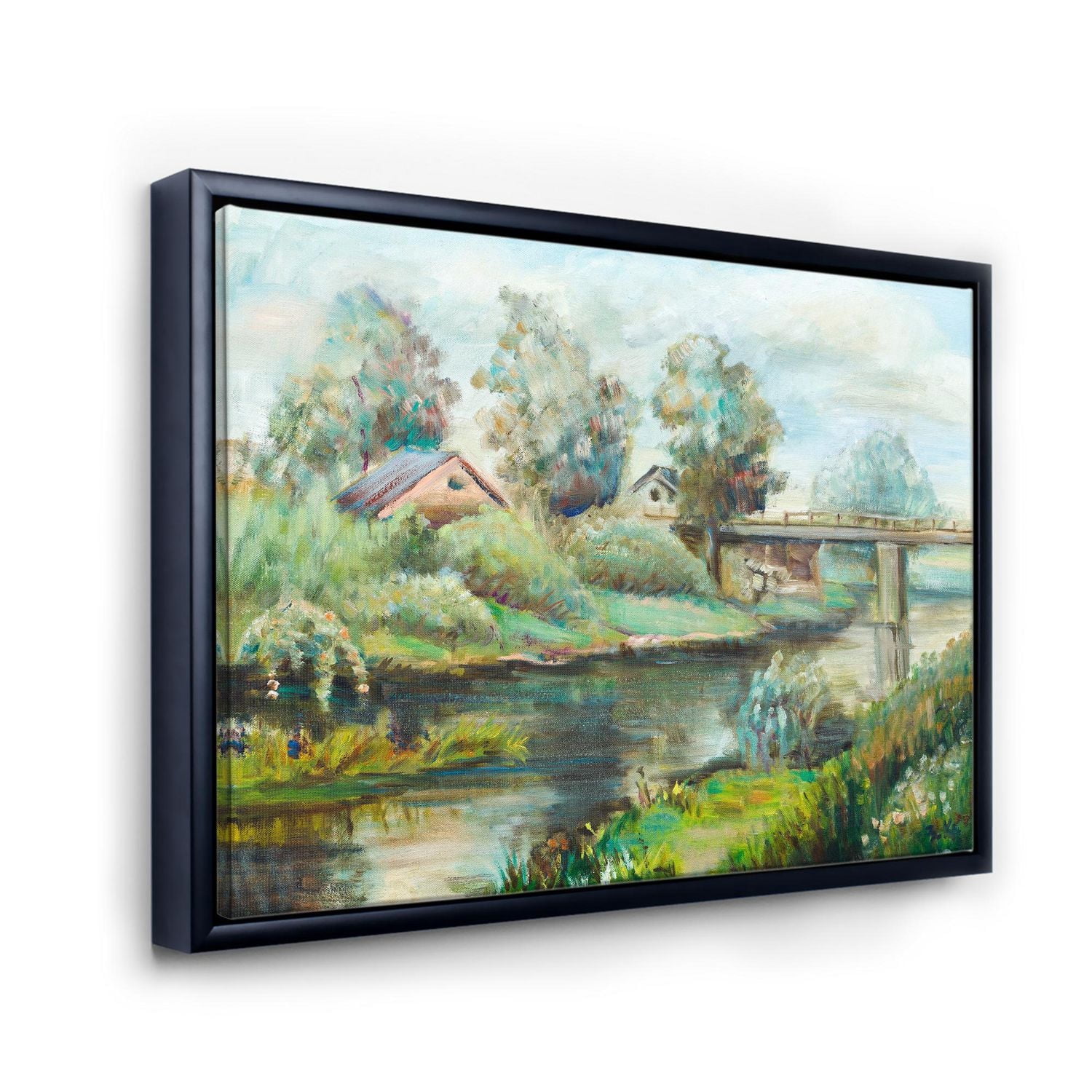 Designart Bridge On The River In Rustic Landscape FLOAT FRAME WALL ART