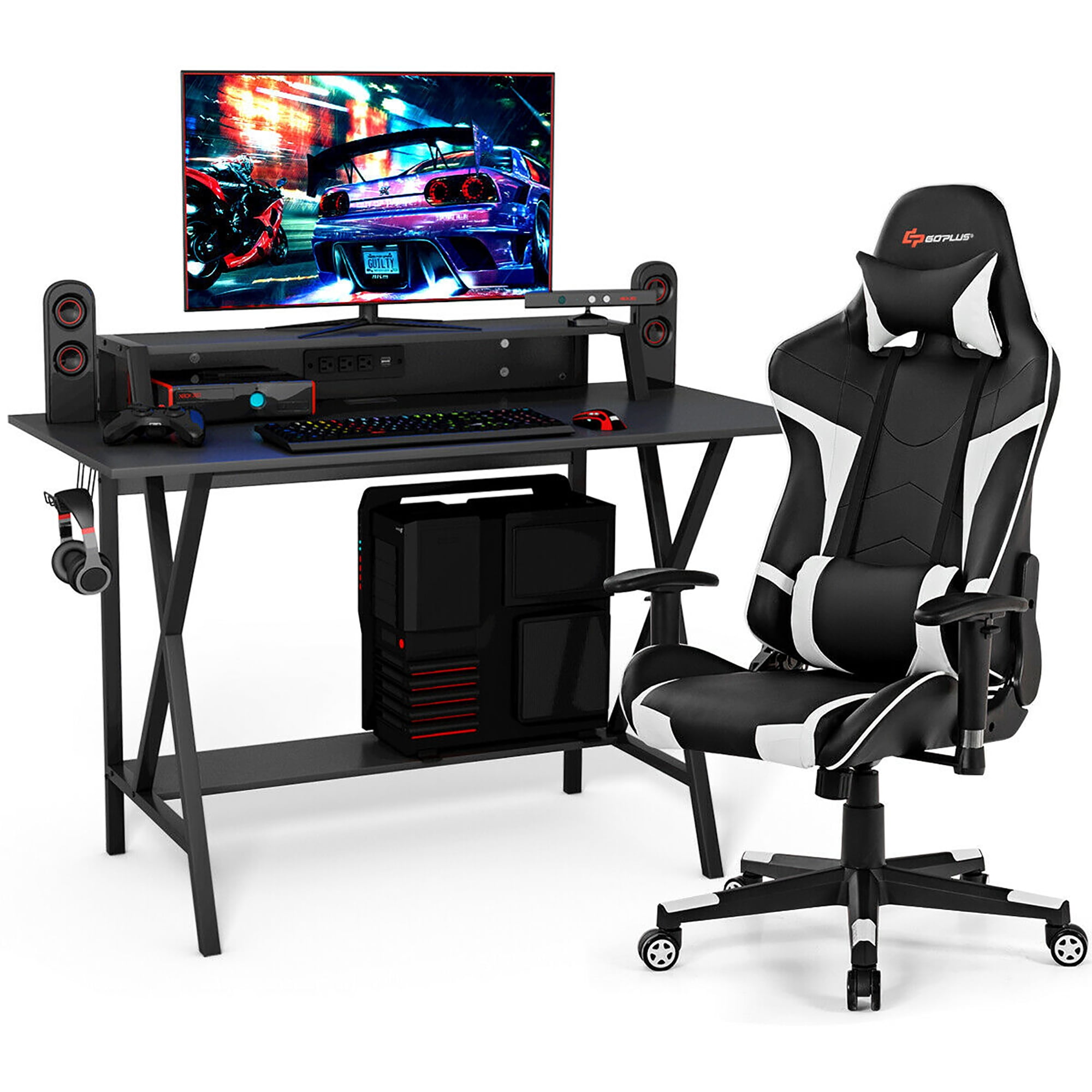 Goplus Gaming Computer Desk&Massage Gaming Chair Set w/Monitor Shelf Power Strip White - Walmart.com