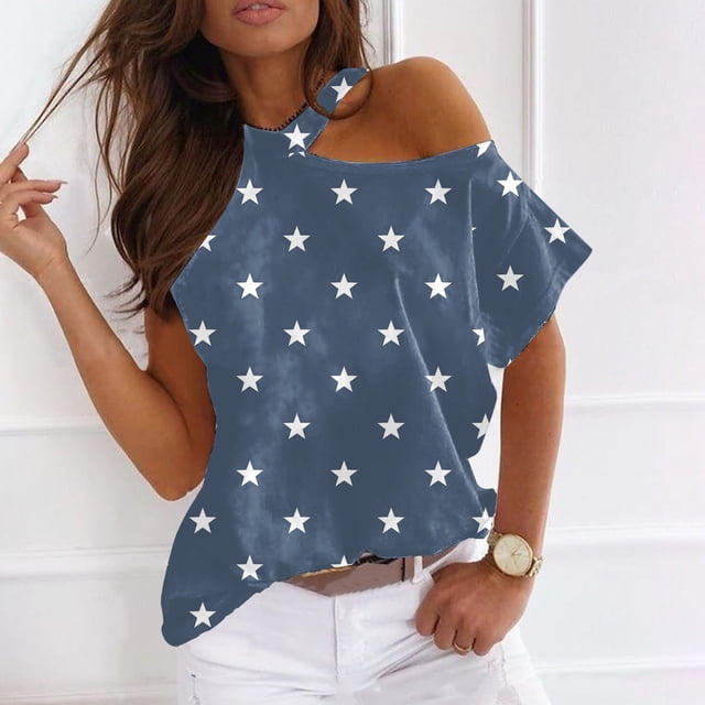 Fiudx Tops para Mujer Mujer Verano Cuello Redondo Manga Corta Estampado Sin Tirantes Camiseta Tops Blusas