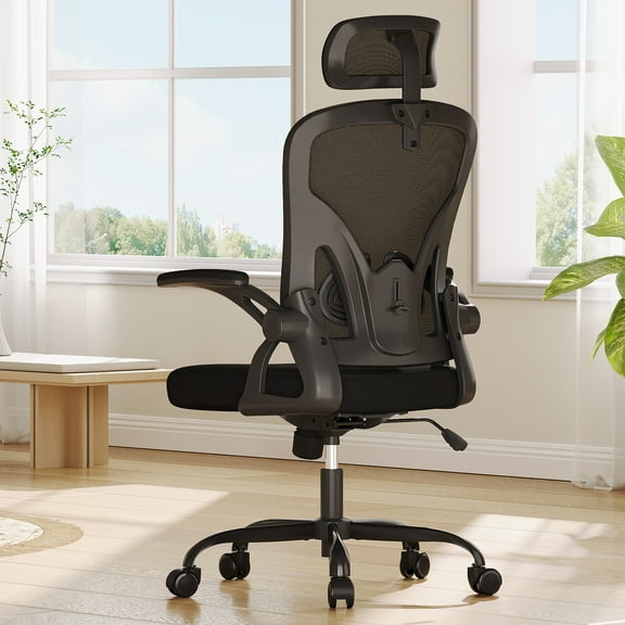 MAYEERTY Ergonomic Home Office Chair with Headrest, Flip-Up Armrests, Adjustable Lumbar Support, Black