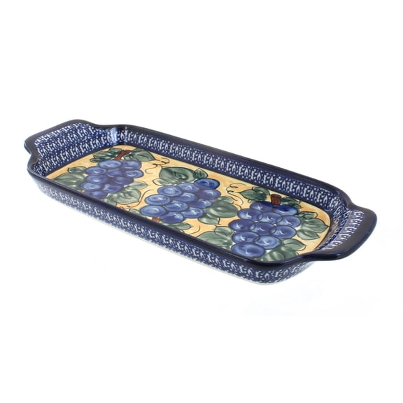 Blue Rose Polish Pottery Grapes Bread Tray with Cobalt Trim with Handles