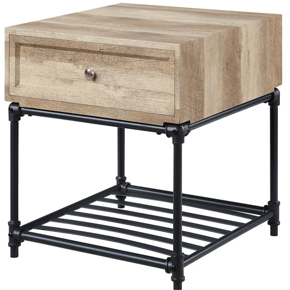 Industrial Design End Table With Storage, Sandy Black And Oak Flair Storage