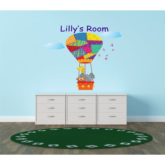 ADVENTURE - Vinyl Kids Nursery Bedroom Animals & Hot Air Balloon Décor Multicolored Patches Stars Design Adhesive Wall Decal Sticker - Home Art Personalized Name Removable Wall Decoration 10" x 8"