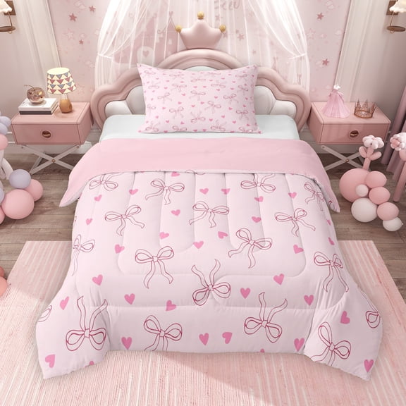 Erosebridal Girls Pink Twin Comforter Sets, Bowknot Hearts Bedding Set, Pink Reversible, 1 Comforter and 1 Pillowcase