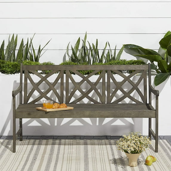 Garden Bench, 3-Person Patio Bench Gray Acacia Hardwood Bench for Garden, Porch, and Park