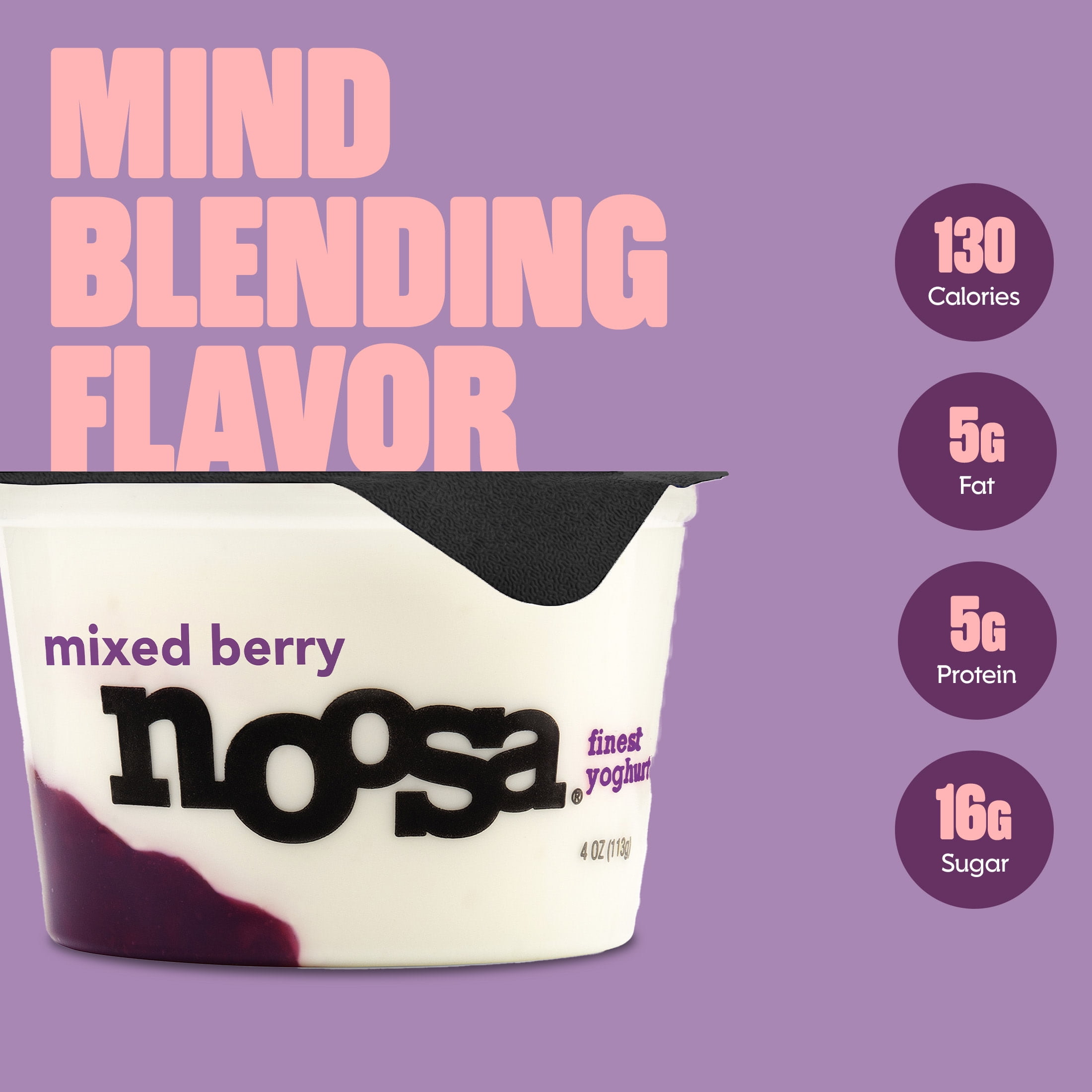 Noosa Yoghurt, Whole Milk Yogurt, Velvety Smooth & Creamy, Mixed Berry, Single Serve 4 oz