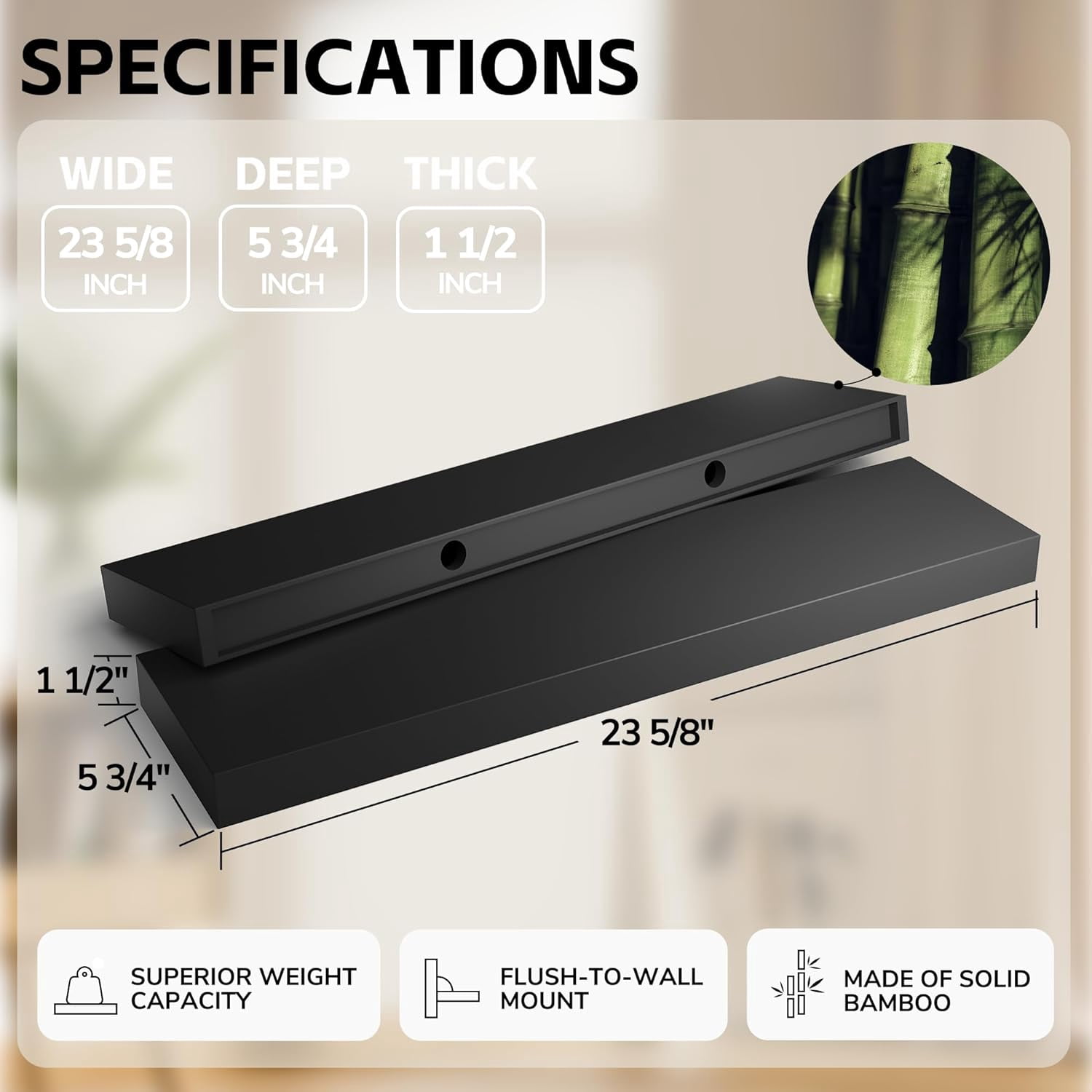 Floating Shelves Wall Mounted Wooden Shelves with Invisible  Set of 2, Hanging Wall Decor for Bedroom, Bathroom, Living Room and Kitchen