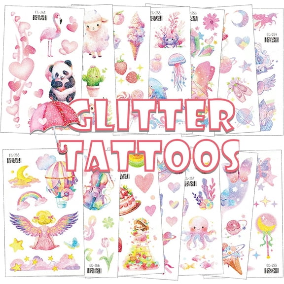 14 Sheets Glitter Temporary Tattoos for Kids, Cute Cartoon Animal Fairy Tale Fairy Fake Tattoos Stickers for Birthday Party Favors Gifts Bags Filler