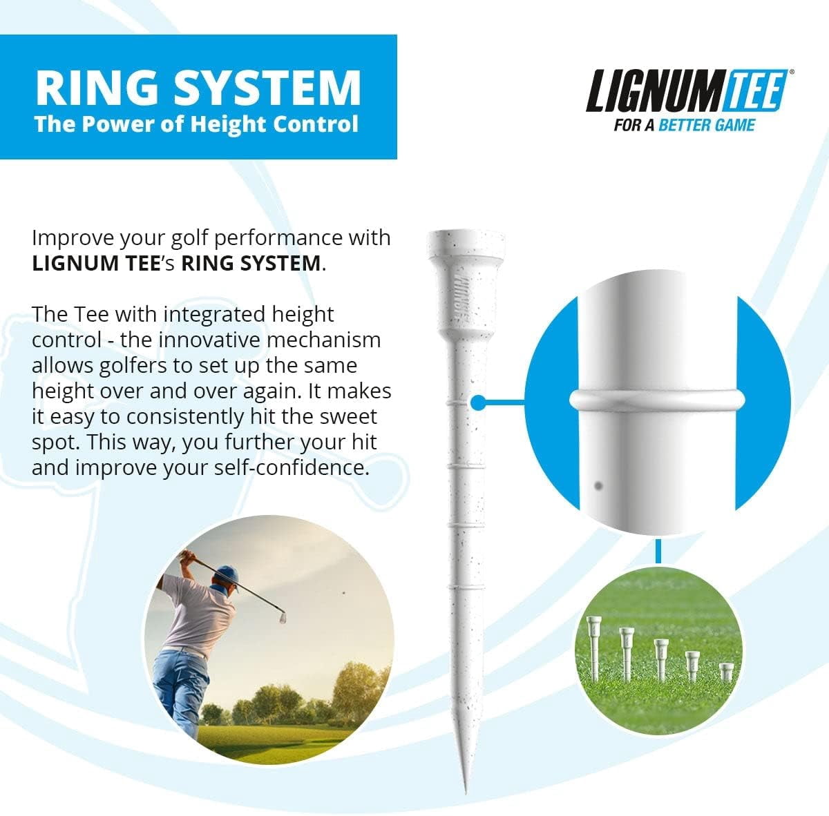 LIGNUM Tee - Classic Golf Tees - White, 3.125"/82mm INKL.Boost Disc - 10+2 Pieces/Bag, Anti Spin Head, Bio Based Microwood, 50x Durable, Optimized