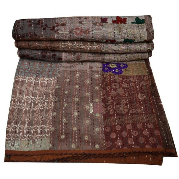 Indian Handmade Khambadiya Patchwork Kantha Quilt Queen Size Kantha Bedspread Kantha Throw Embroidery Assorted Patchwork Quilt