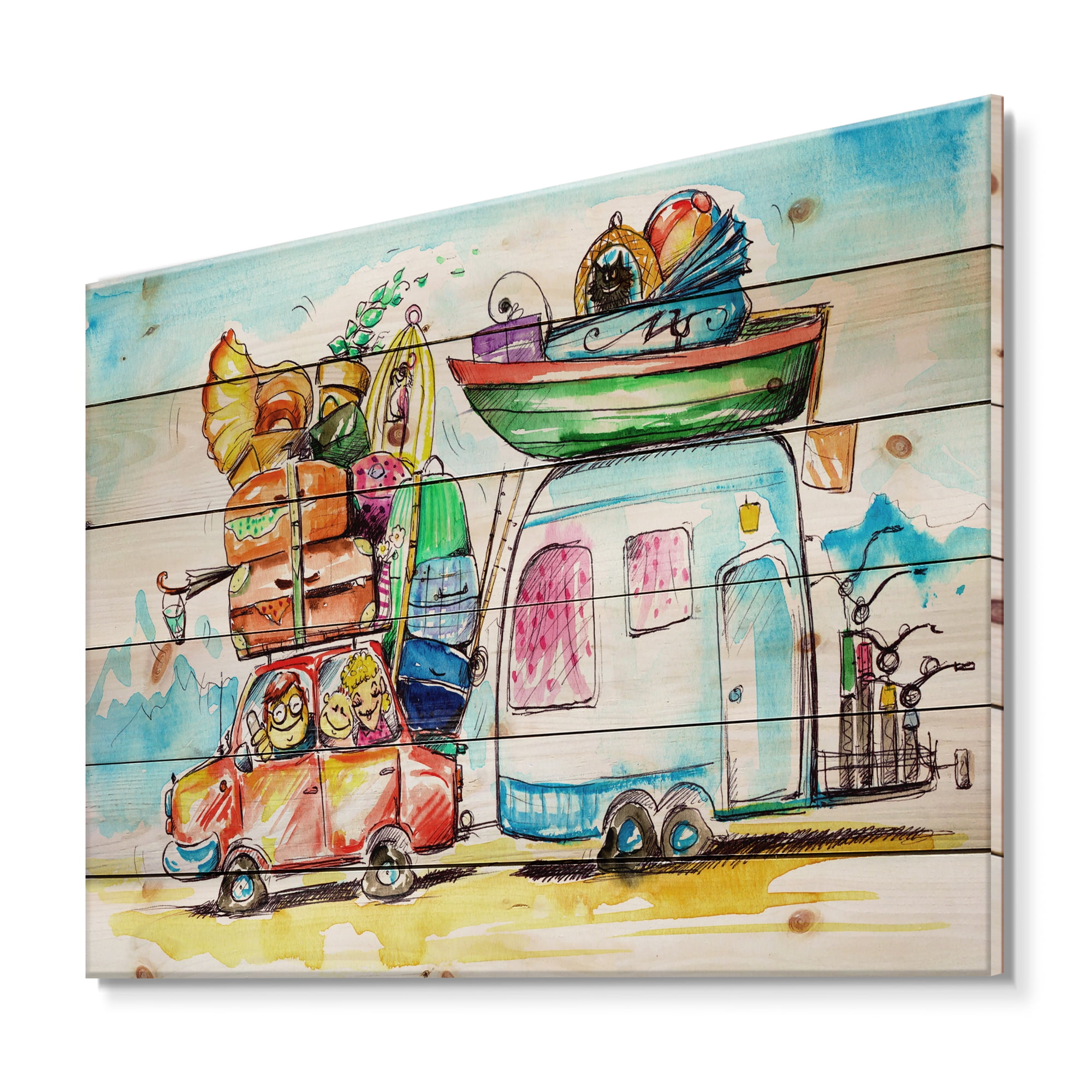 Designart 'Caravans With Family Travel' Farmhouse Print on Natural Pine Wood