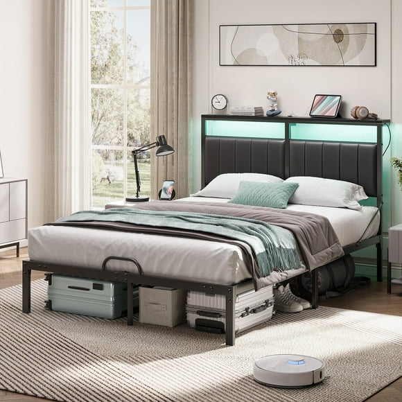Bestier Cadre de Lit Double avec Tête de Lit de Rangement et Tablette, Lit Plateforme Format Double avec Lumières DEL et Ports USB, Cuir PU Noir