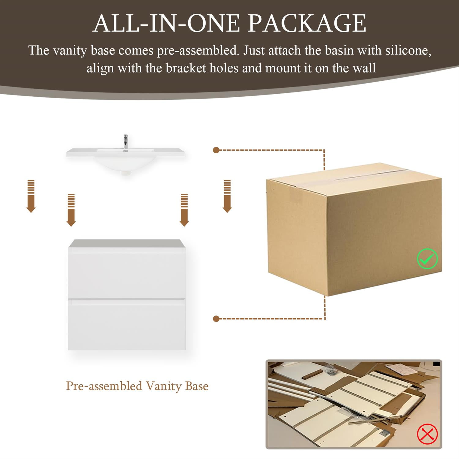 Demi Bonn 24" Floating Bathroom Vanity with Sink, Resin Top Basin and 2 Soft Close Drawers, Faucets and Drains Not Included, White