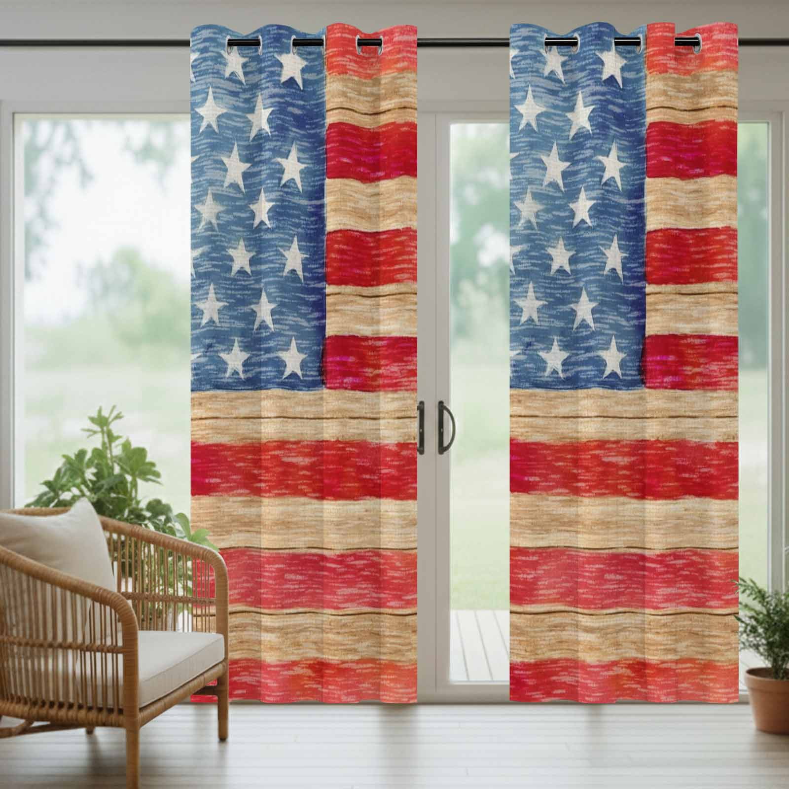 Independence Day Outdoor Curtains for Patio, Rustic Red Blue Flag Wood Stripes Sunshade Privacy Drapes Grommet Waterproof Outside Curtains for Porch/Cabana/Balcony 54"x 108", 1 Panel