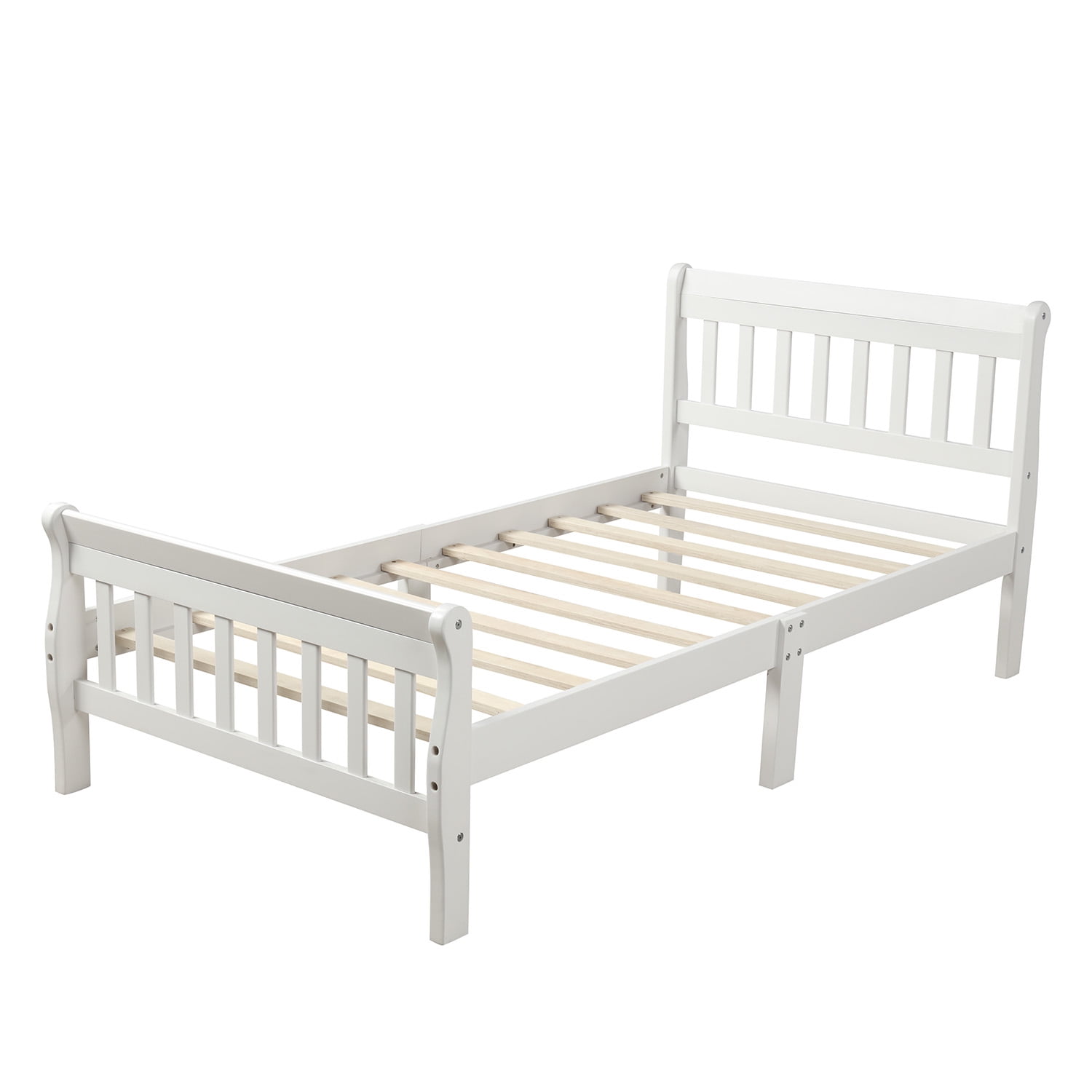 Lowestbest Wood Platform Beds with Headboard/Footboard/Wood Slat Support, Twin Bed Frame Panel Bed Mattress Foundation Sleigh Bed, White